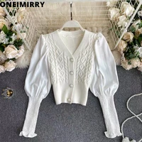 oneimirry fall 2021 patchwork puff sleeve women cardigan fashion knitted cropped sweater cardigans v neck kawaii white clothes