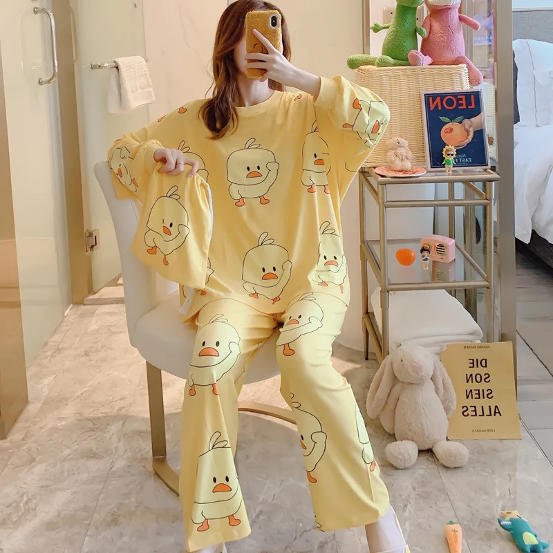 

XIFER New 7-piece Pajamas Women's Pijama Mujer Yellow Duck Pajamas for Women Print Pattern Cotton Sexy Female Homewear