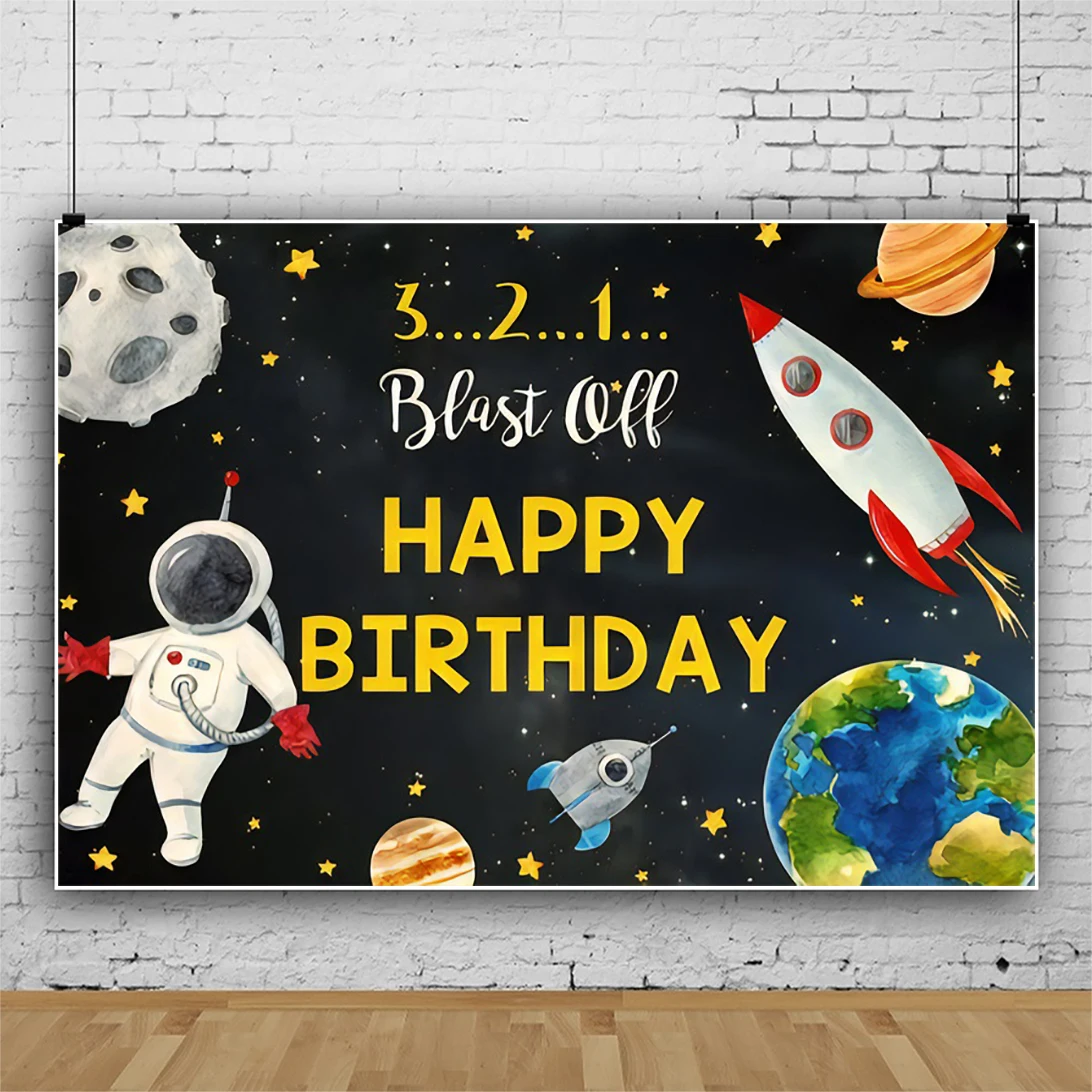 

Laeacco Universe Spaceship Cartoon Astronaut Rocket Kids Birthday Decor Background Baby Portrait Customize Poster Photo Backdrop