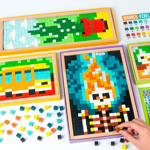 

700pcs Wooden toys Montessori math toys jigsaw puzzle pixel board game pattern blocks pixel toddler gift early educational girl