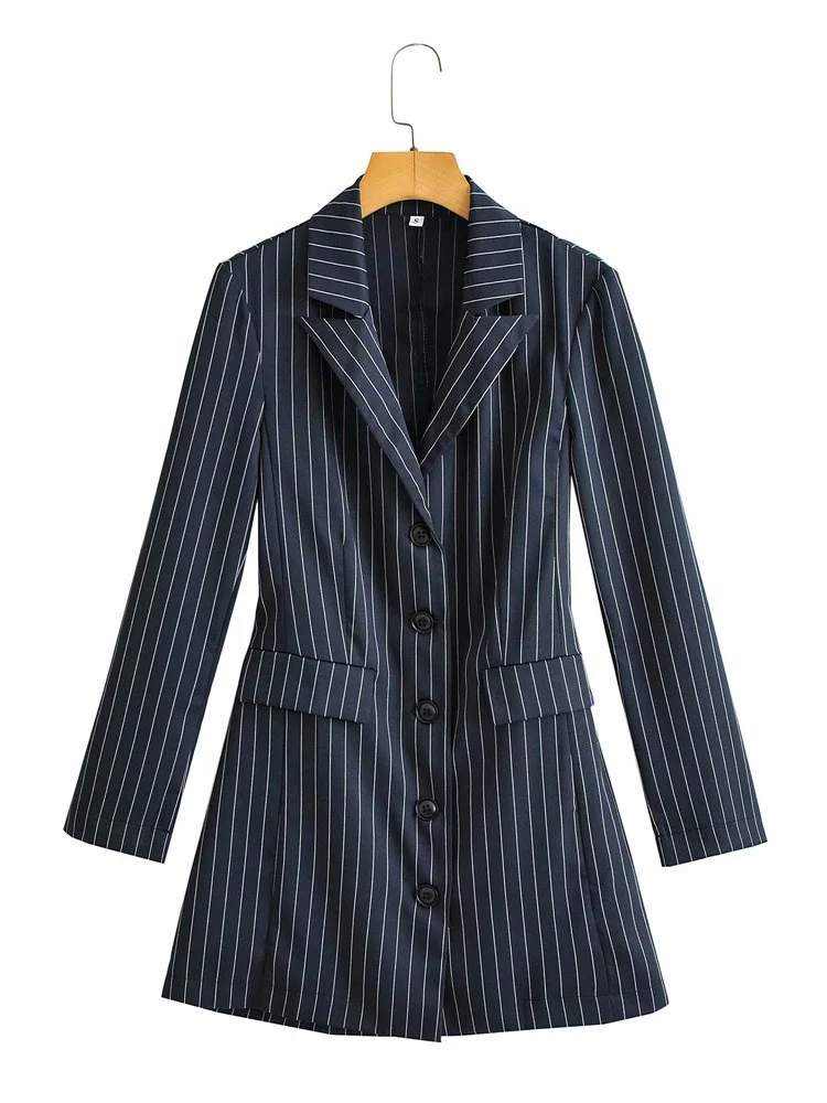 

2021 Fall Fashion Vintage Lapel Striped Hollow Waist Single Breasted Suit Dresses for Women