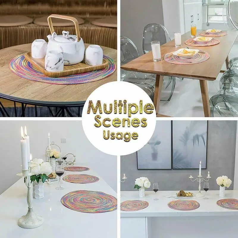 

Braided Colorful Round Place Mats For Kitchen Dining Fall Runner Washable Placemats Table Heat Insulation Non-Slip S6A2