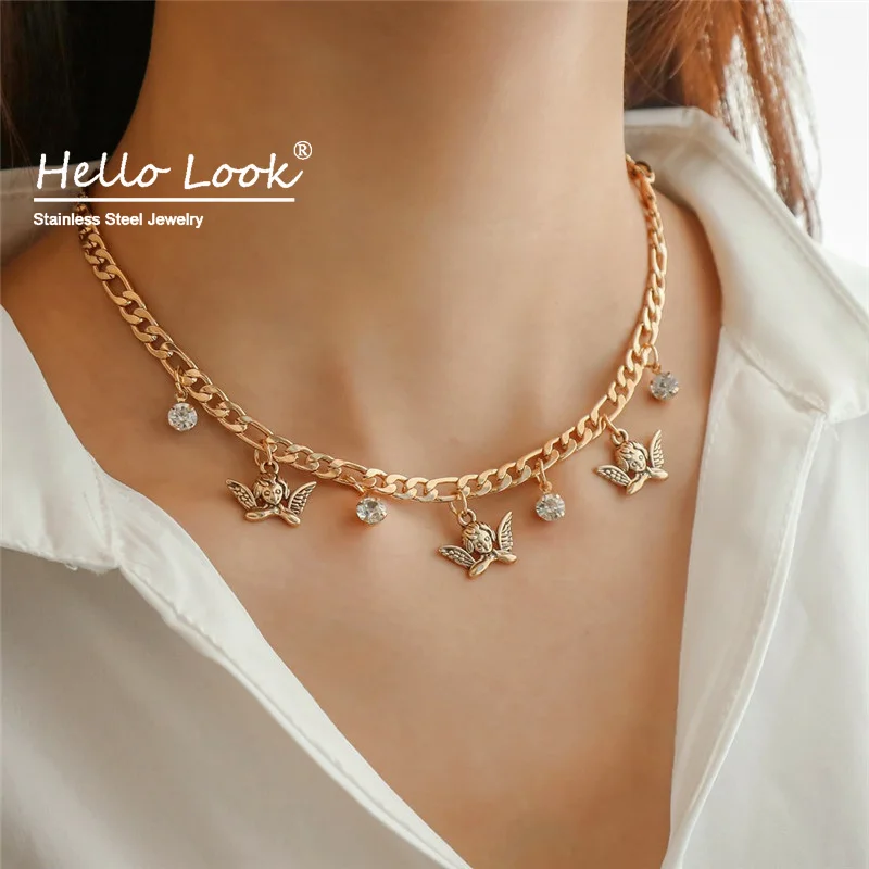 Винтажное ожерелье чокер Hellolook с ангелом для женщин цепочка кристаллом в виде