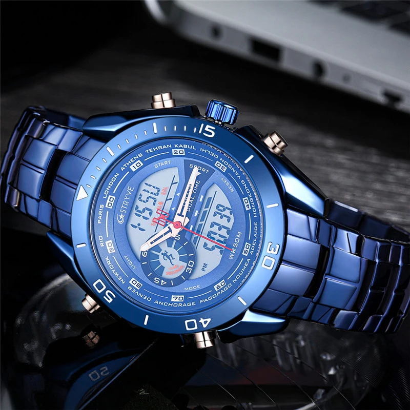 Relogio Digital Stryve полностью из нержавеющей стали, спортивные часы, цифровые мужские наручные часы, водонепроницаемые мужские Аналоговые часы, военный качественный браслет