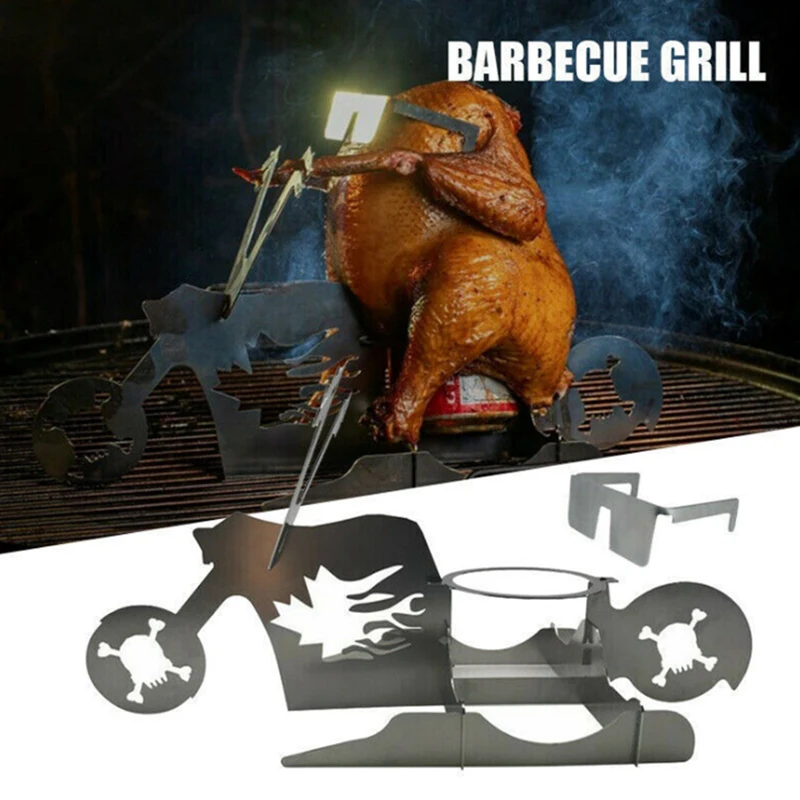 

Portable BBQ Chicken Stand Beer Funny American Motorcycle Stainless Steel Rack Tools Roast Chicken Rack Camping Accesorios