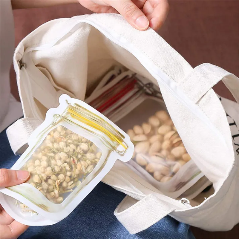 

12pcs Reusable Mason Jar Bottles Bags Food Storage Bag Nuts Snacks Candy Cookies Bag Zipper Seal Fresh Bags Kitchen Organizer