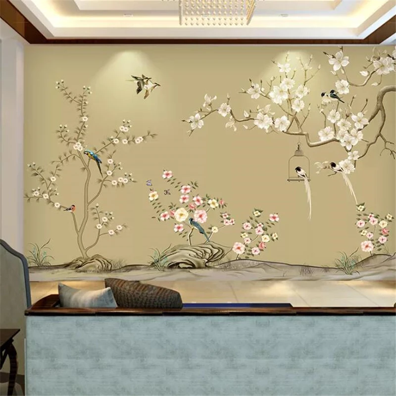 

Drop Shipping Custom Wallpaper Murals And Birds Hand-painted Pens Flowers And Birds Plum New Chinese Sofa Background Wall Paper