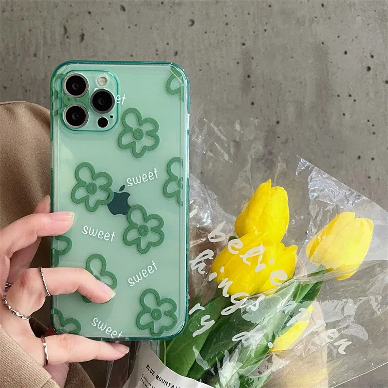 

Retro sweet Mint Green line Flowers art Japanese Phone Case For iPhone 11 12 Pro Max Xs Max XR Xs 7 8 Plus 7Plus case Cute Cover