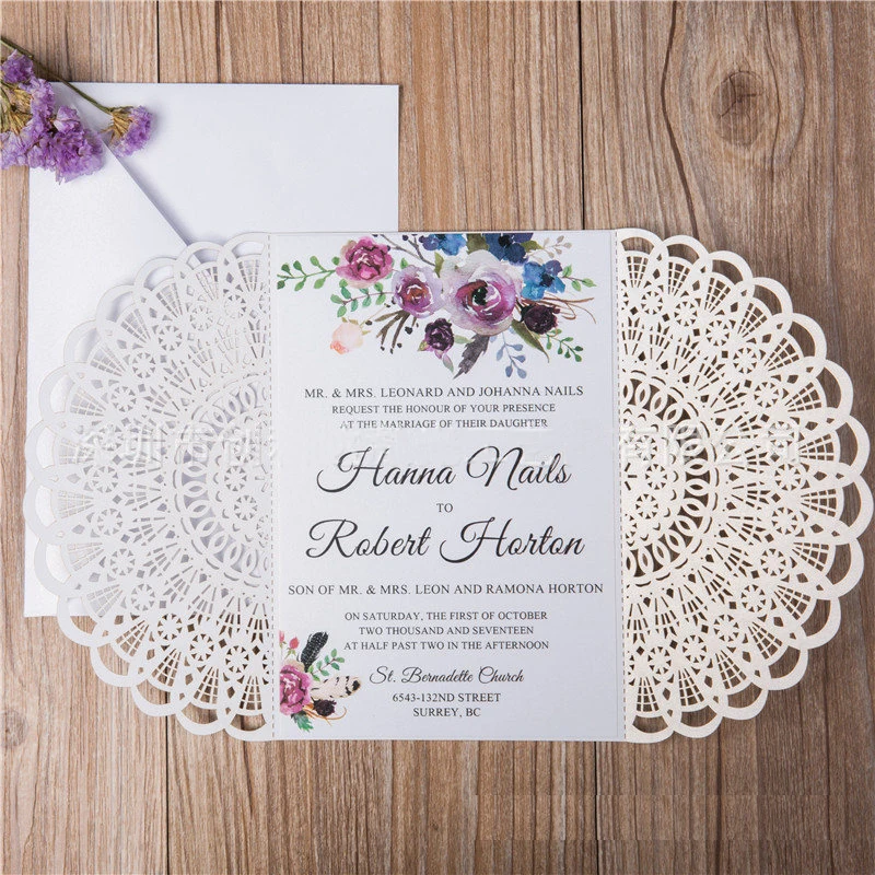 

(10 pieces/lot) Laser Cut Retro White Wedding Invitation Cards Kraft Paper Birthday Engagement Party Invite Card IC143