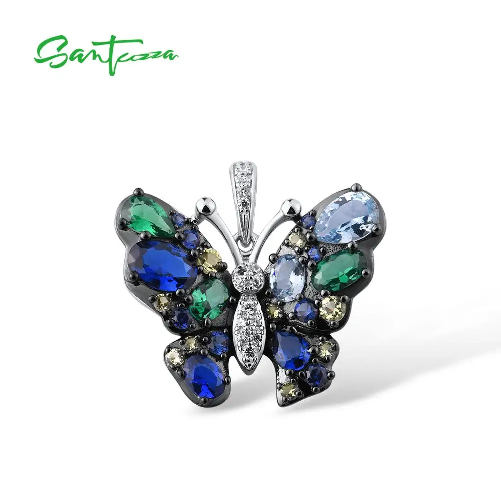 

SANTUZZA Silver Pendant For Women Genuine 925 Sterling Silver Gorgeous Blue Butterfly Colorful Stones Trendy Party Fine Jewelry