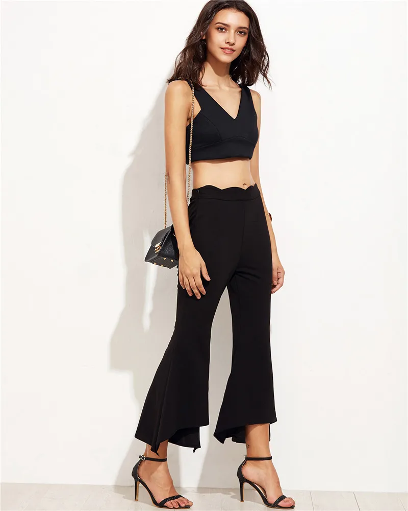 

Thin Summer Office Lady Pants Black Flare Wide Leg Pants Ankle Length Casual Women Trousers Black T6235