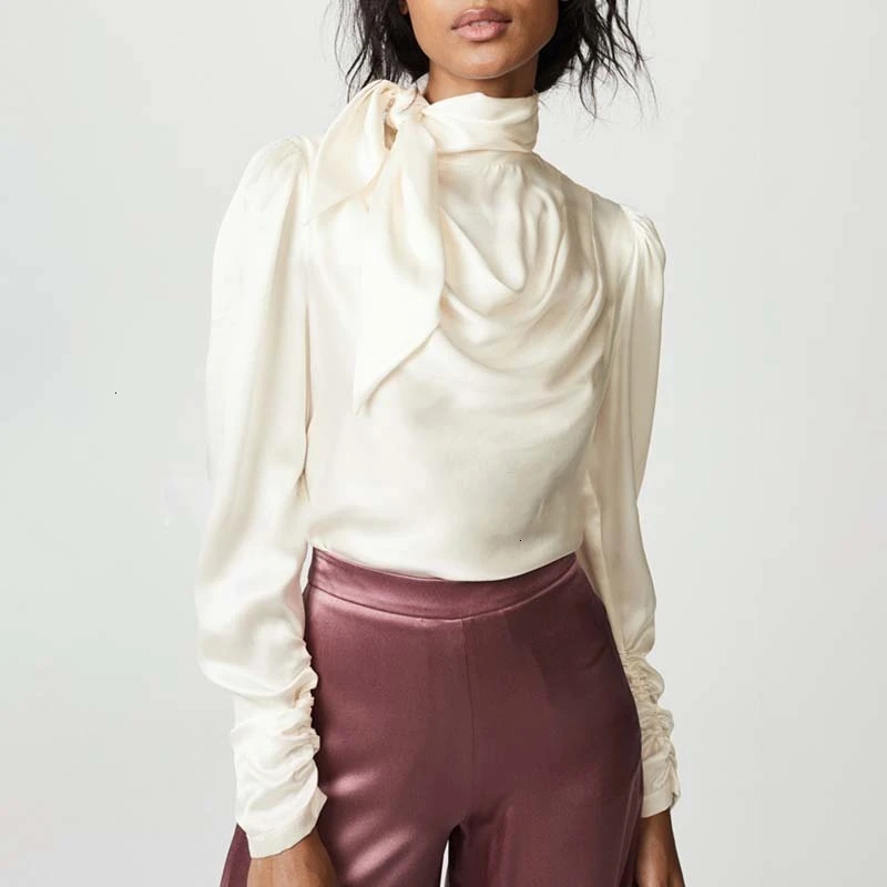 XUXI для женщин весна осень 2019 однотонная атласная винтажная женская блузка с