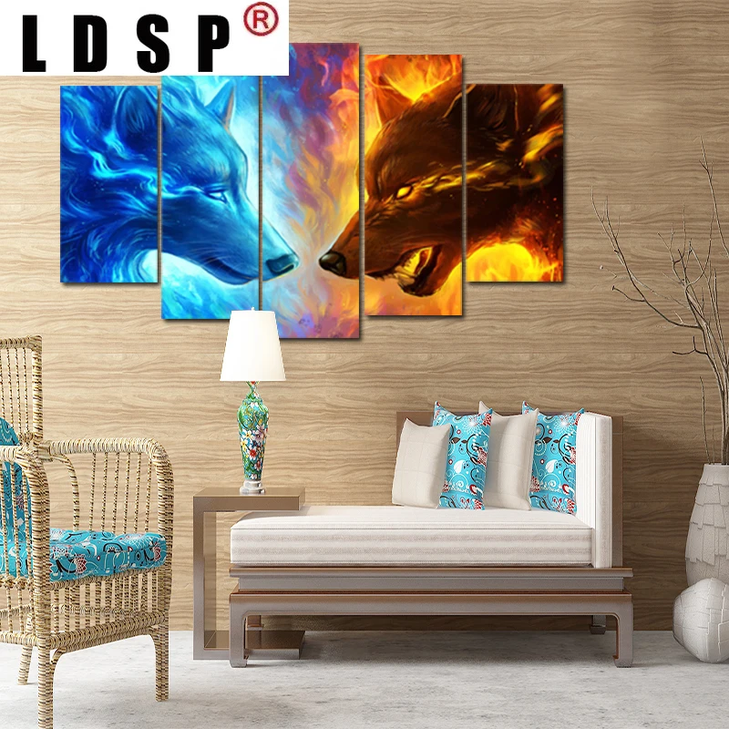 LDSP RELIABLI искусство 5 панелей лед и пламя волк холст живопись настенный плакат