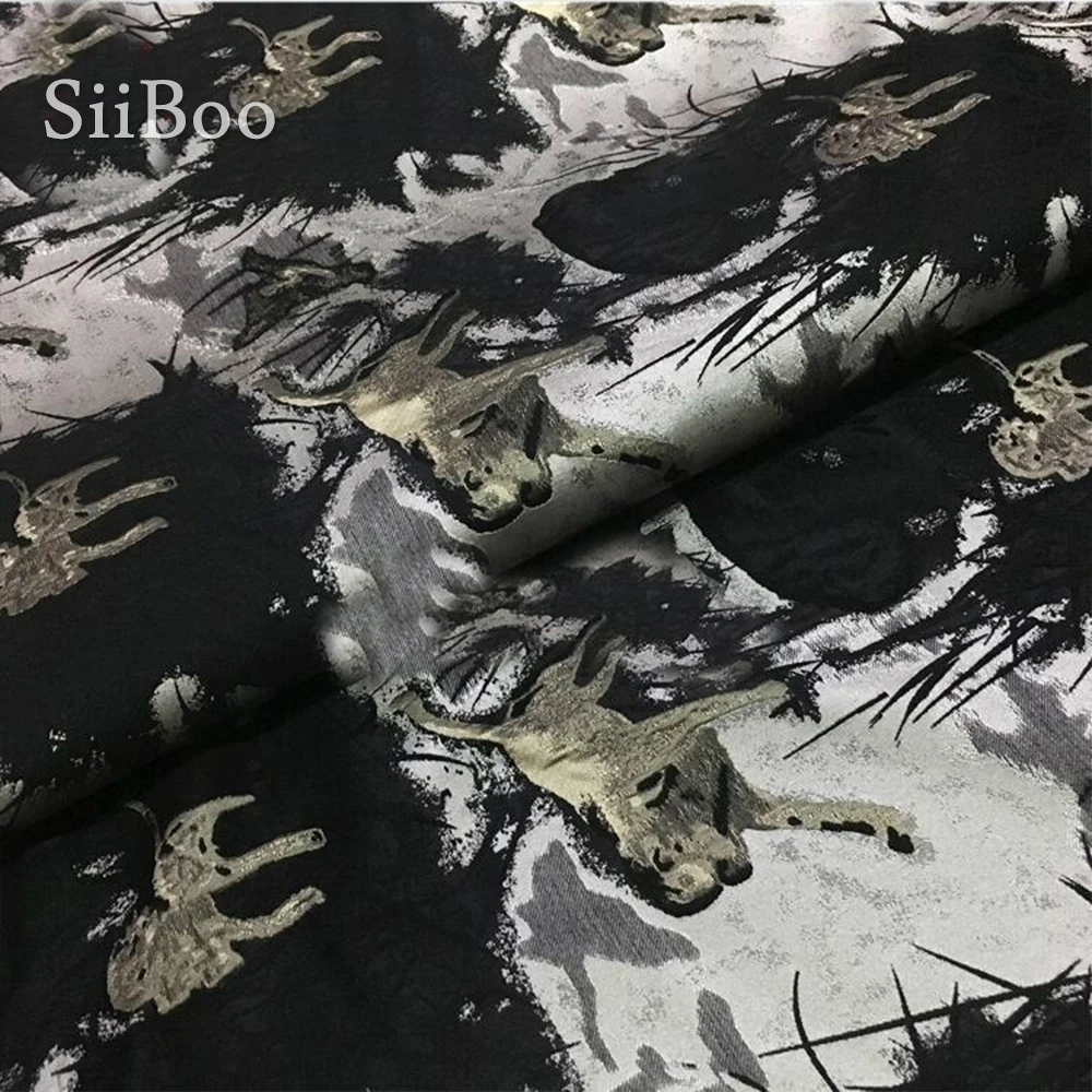 Жаккардовая ткань в американском стиле сине-серая с леопардовым принтом