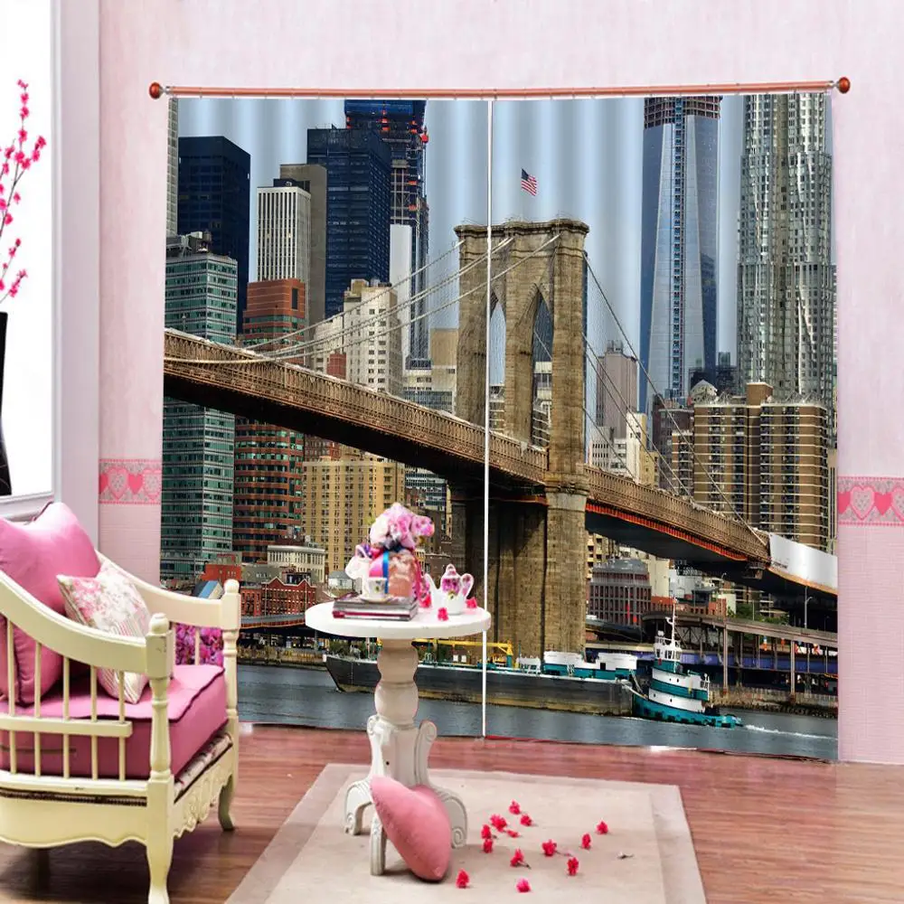 Пользовательские 3D затемненные занавески Нью-Йорк США городской пейзаж мост