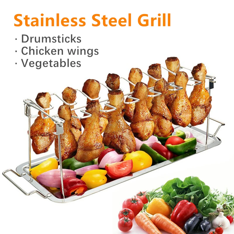 

Stainless Steel Grill Chicken Wing Leg Rack Holder Rack With Drip Pan For Grill Smoker Oven Vertical Roaster Stand BBQ Accessory