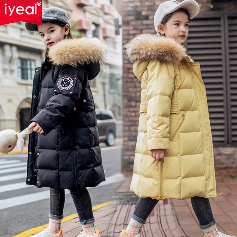 Модная детская зимняя куртка IYEAL на утином пуху одежда для девочек теплая плотная