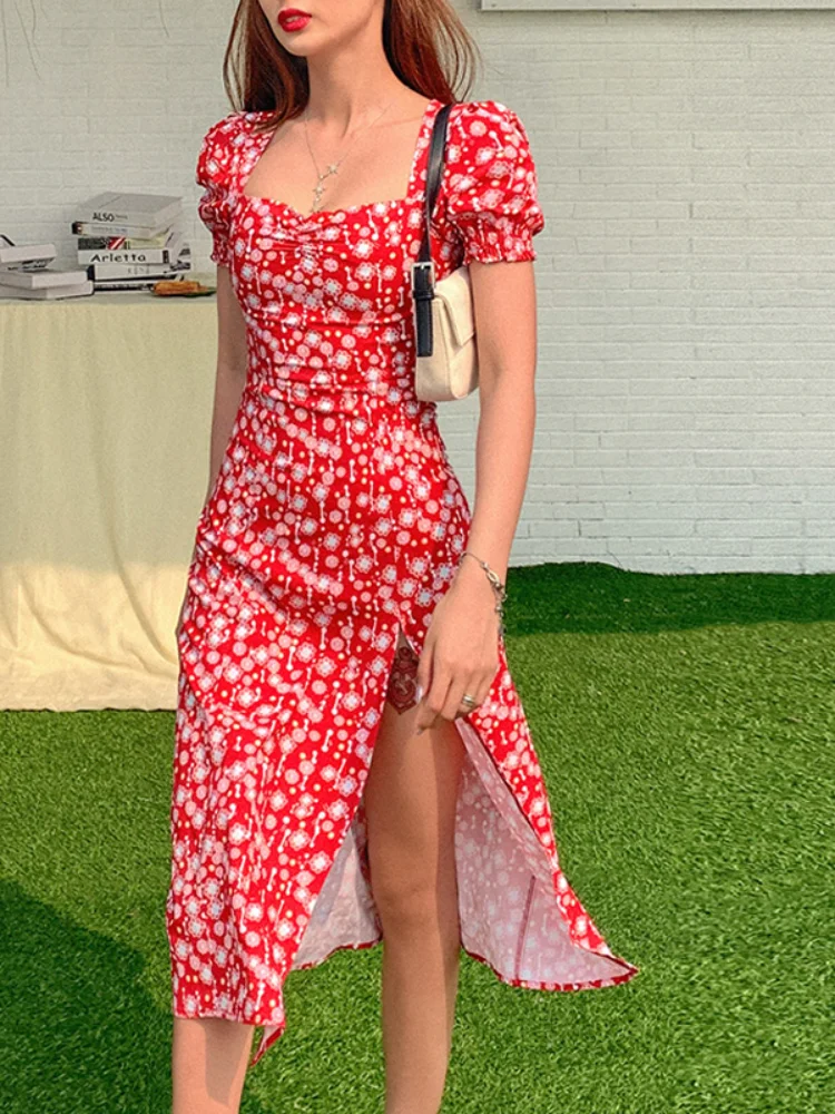 

Women's Summer Retro Party Dress Women's Puff Sleeve Printed Square Neck Side Open Dress 2021 Dress for Women