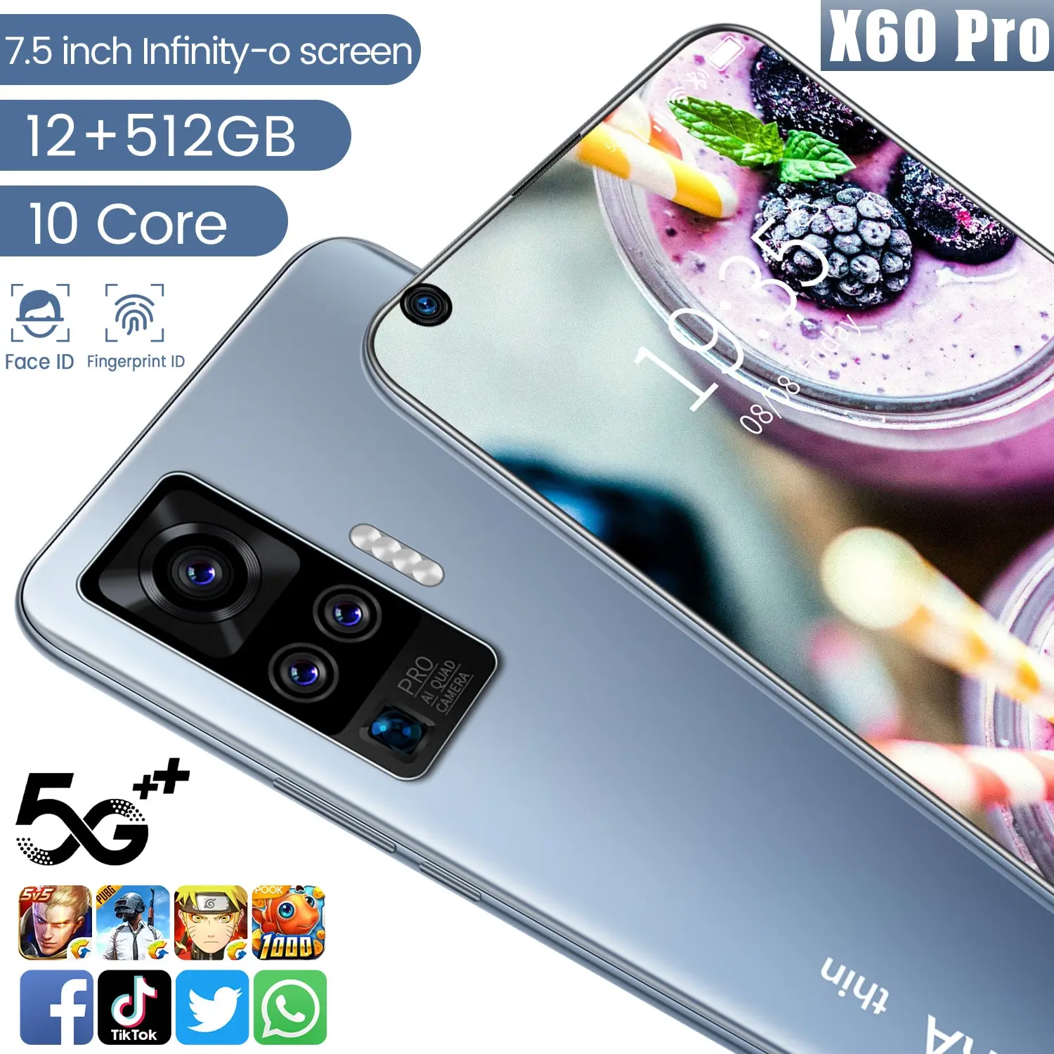 

X60 Pro 7.5 Inch Big Screen 21+48mp Andriod 10.0 Face Unlock Smart Phone Mtk6799 Global 5g Lte 10 Core Cell Phones