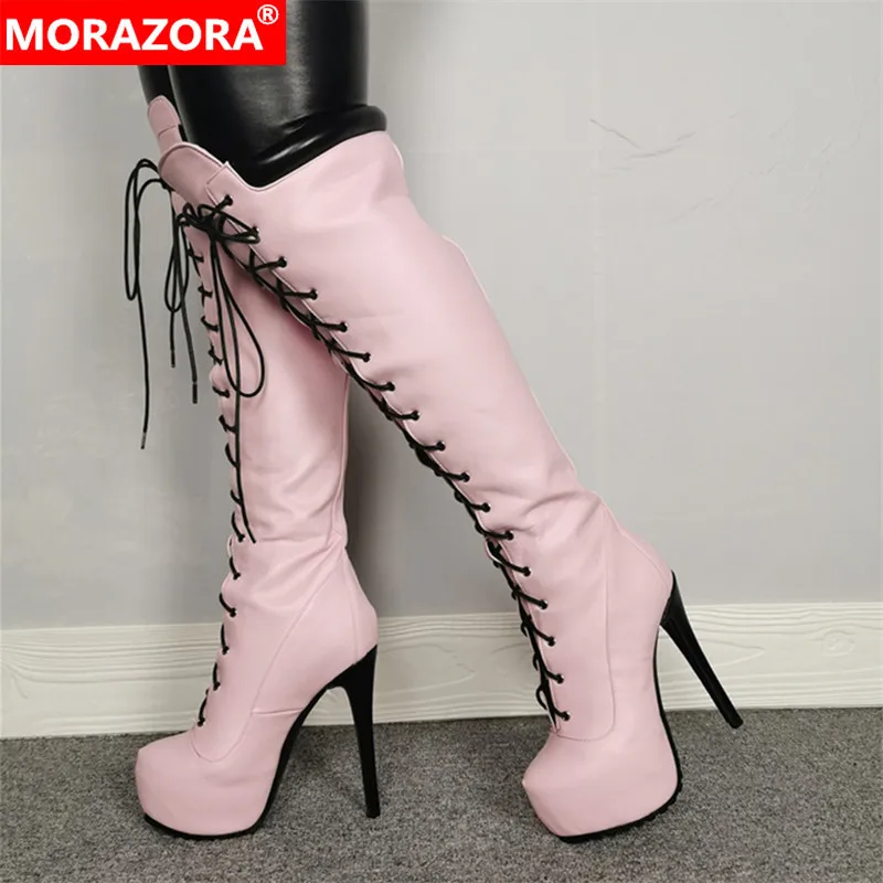 MORAZORA/2020 женские сапоги до колена на шнуровке с круглым носком очень высоком