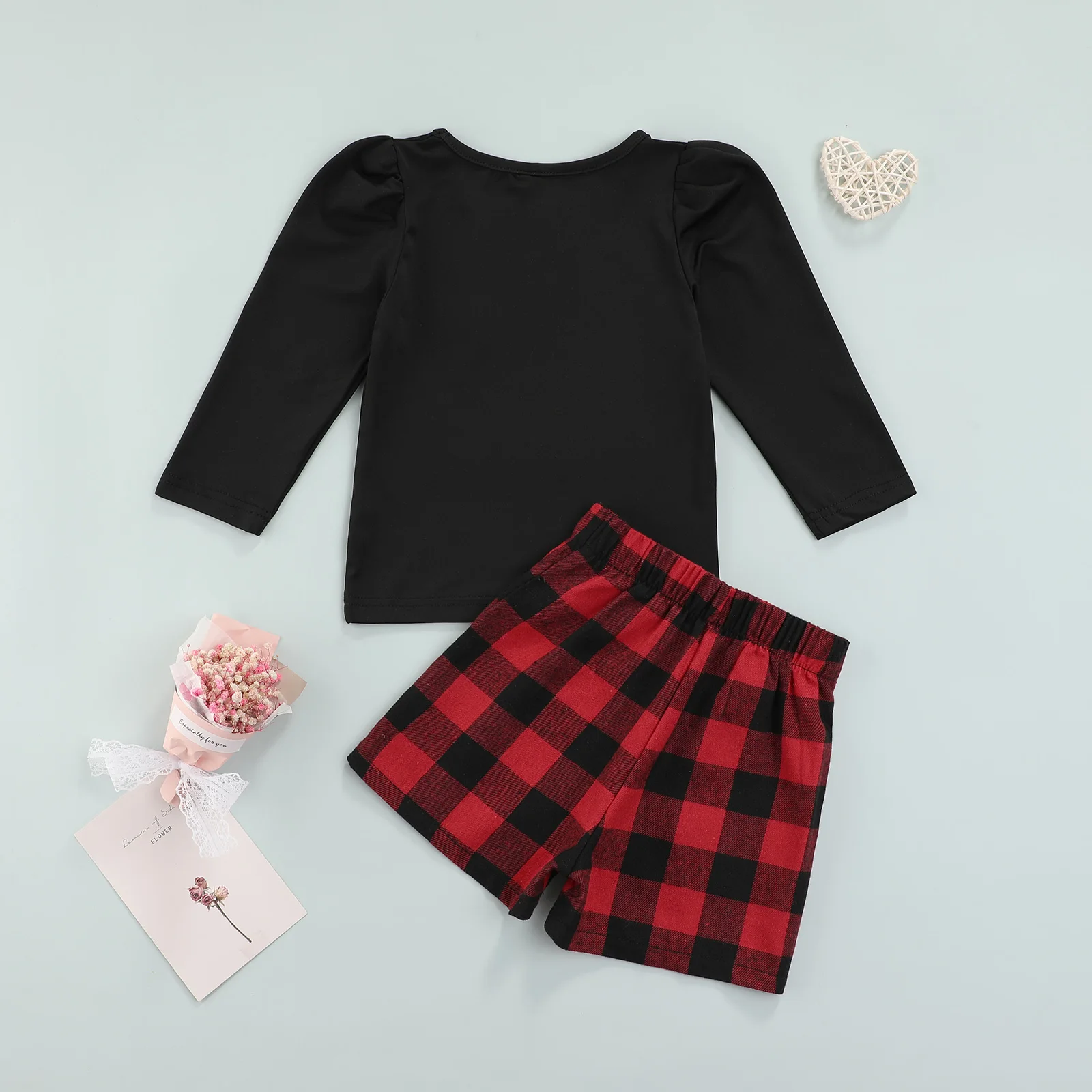 

2-7 Years Full Sleeve Set 2 Pcs Toddler Casual Outfits, Girls Butterfly Print Long Sleeve Round Neck T-shirt + Plaid Shorts