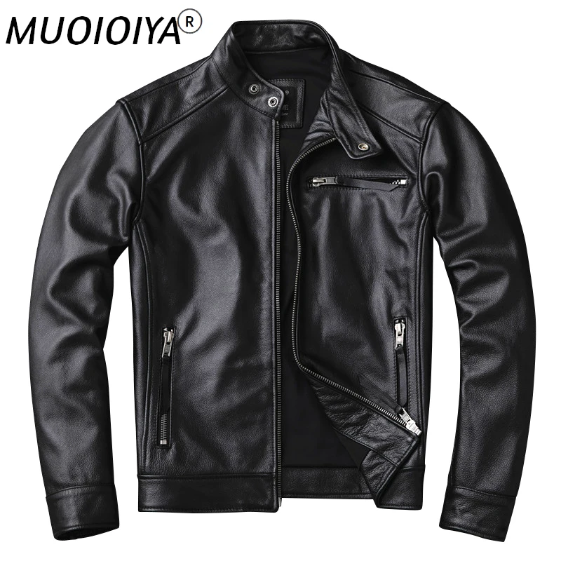 

MUOIOYIA Mens Leather Jacket Cowhide Real Genuine Leather Jacket Men Clothes Biker Motorcycle Leather Coat deri ceket KJ4114