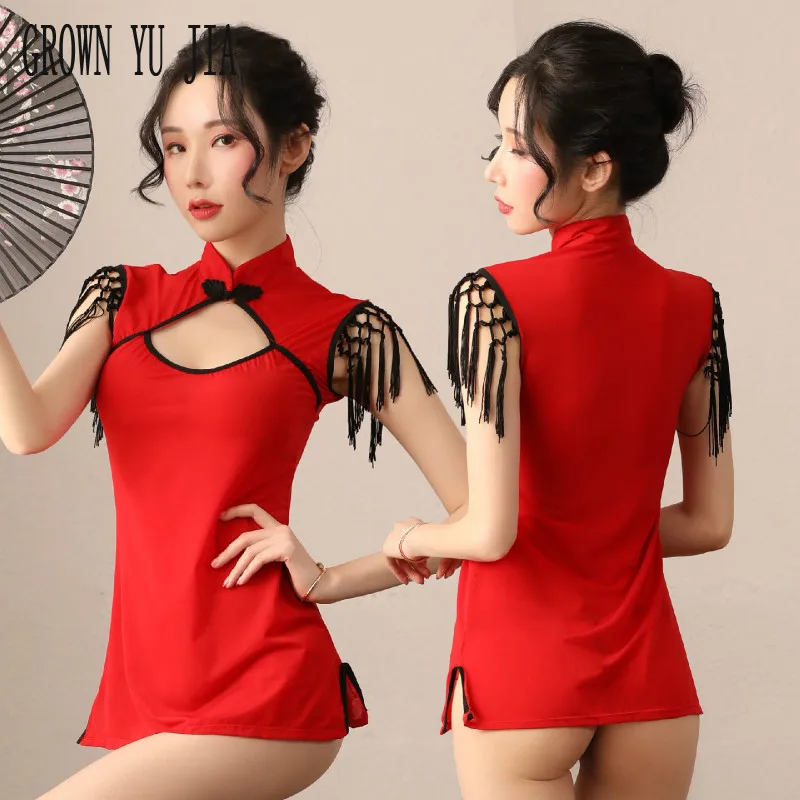 

Sexy Maid Uniform Porno Play Servant Sex Red Cheongsam Dress Thongs Set Erotic Cosplay Costume Qipao Skirt Girl Naughty Lingerie