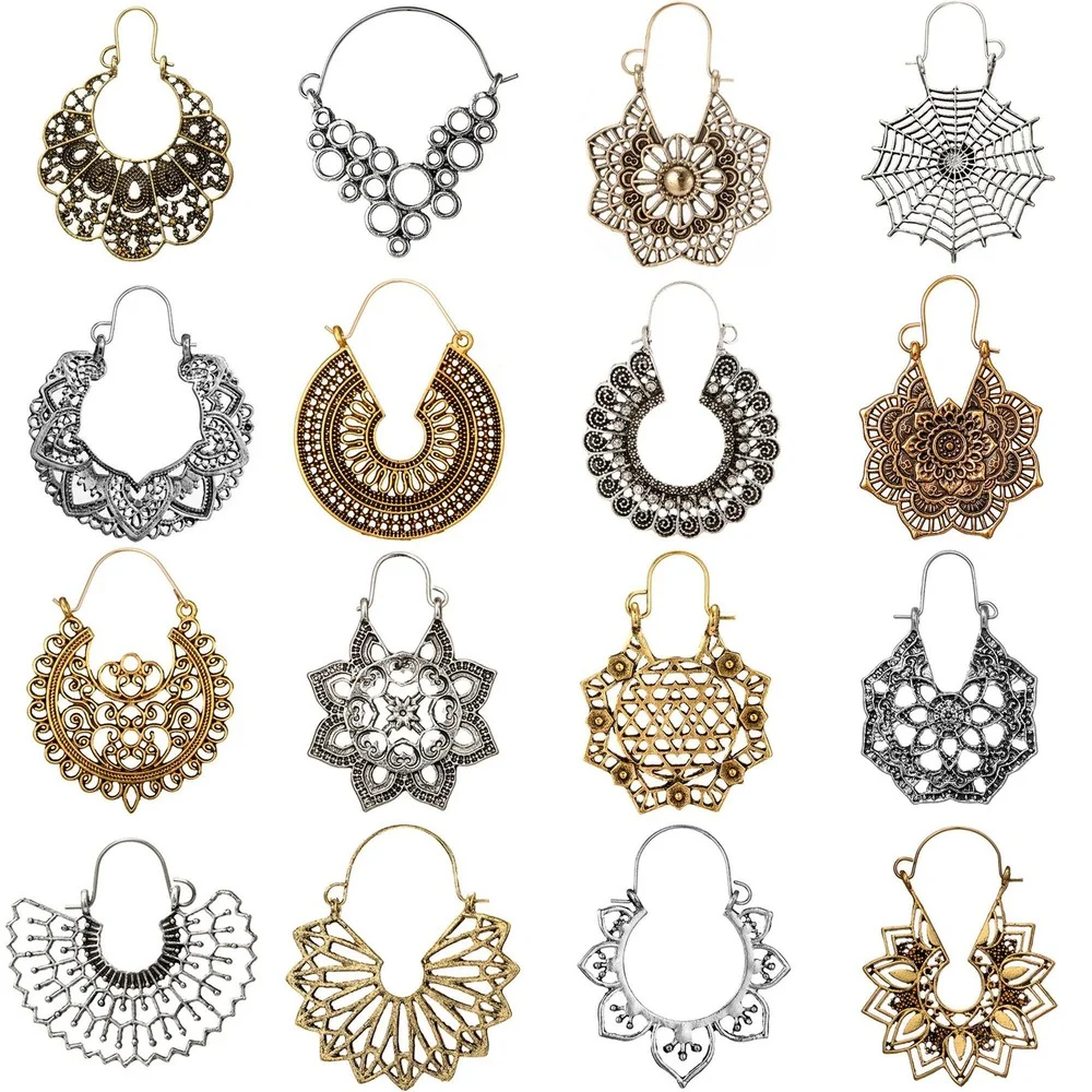

New Gold Silver Color Metal Dangle Hollow Earrings for Women Geometric Carved Ethnic Earring Indian Jewellery brinco