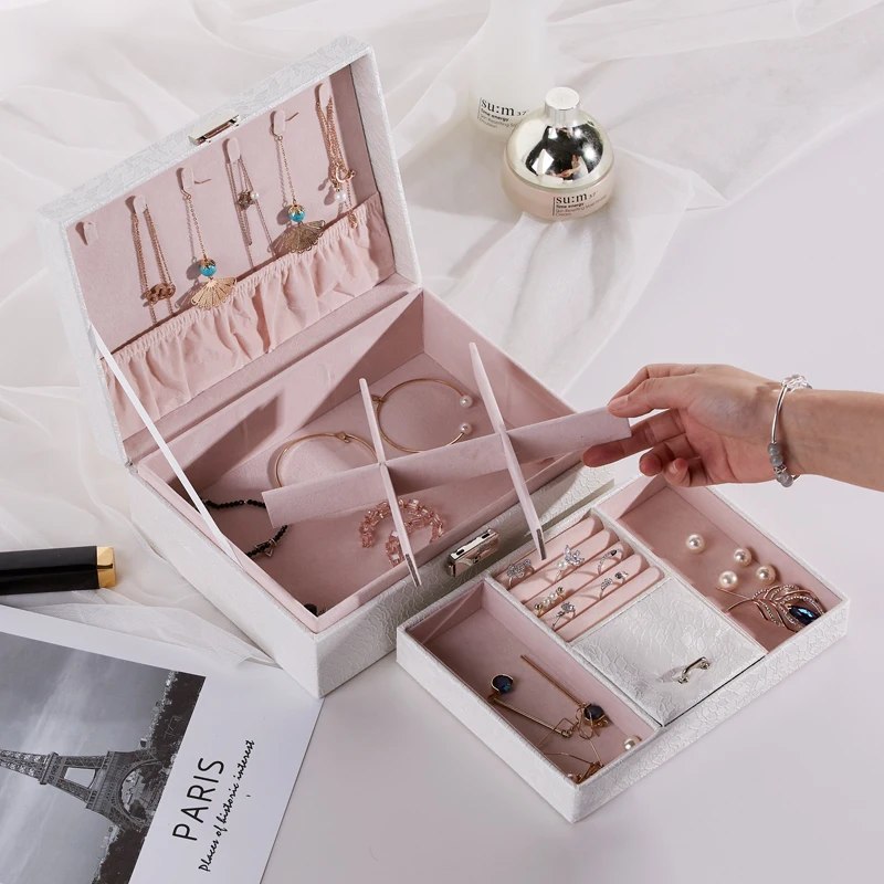 

Double Decker Luxury Large Jewelry Box Roomy Velvet Jewellery Box Space PU Leather Bracelet Storage Ring Display Box Necklace