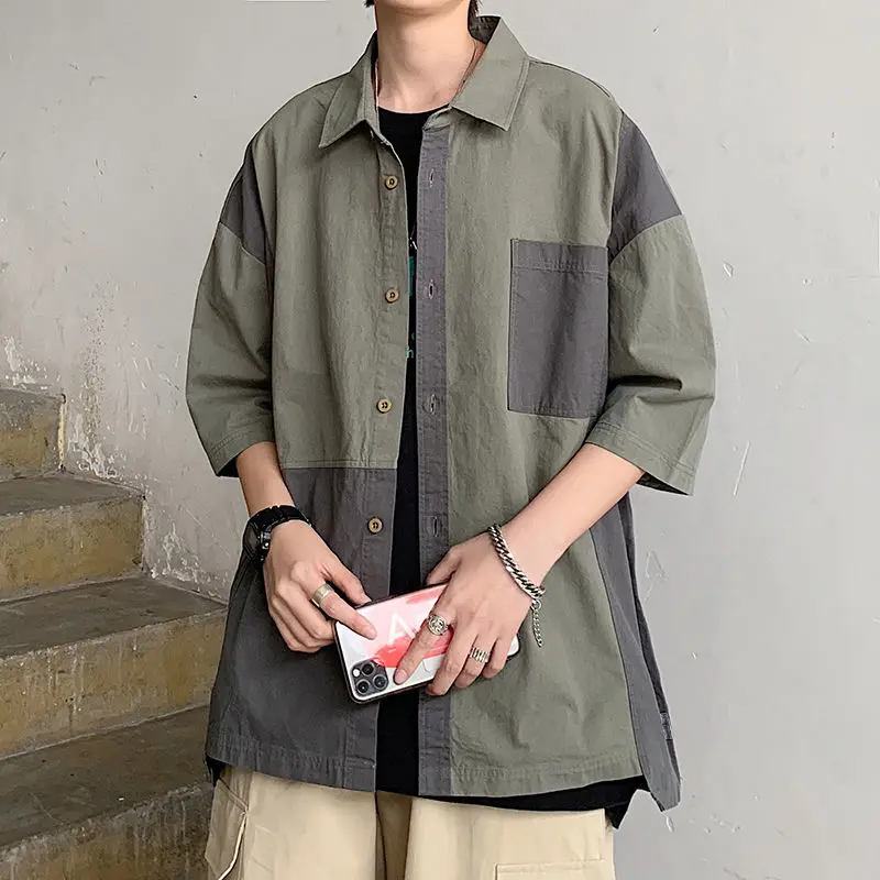 Summer Shirt Men's Fashion Contrast Color Casual Shirt Men Streetwear Tooling Shirts Mens Wild Loose Short Sleeve Shirt M-2XL