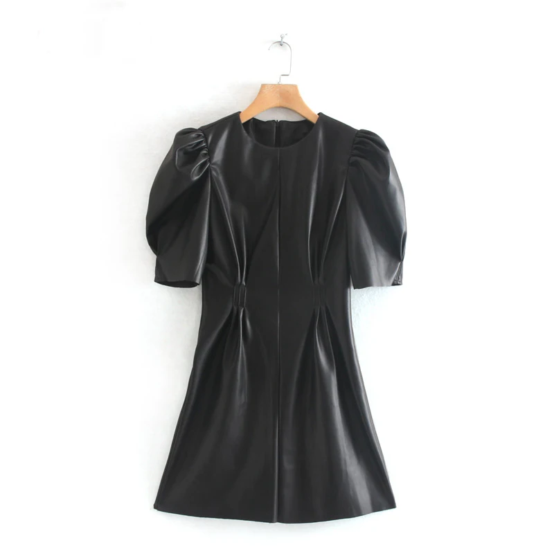 2019 женское черное платье из искусственной кожи винтажное с коротким рукавом на