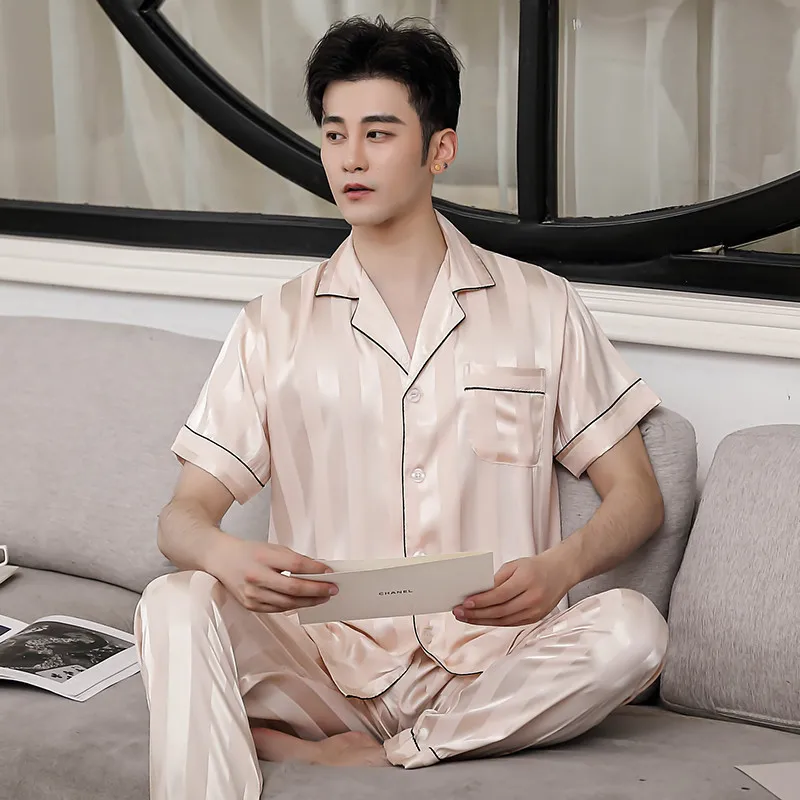 Spring Summer Thin Ice Silk Men's Pajamas Set Stain Print Leisure Sleepwear Loose Soft Short Sleeve Pajama Pants Tops Homewear