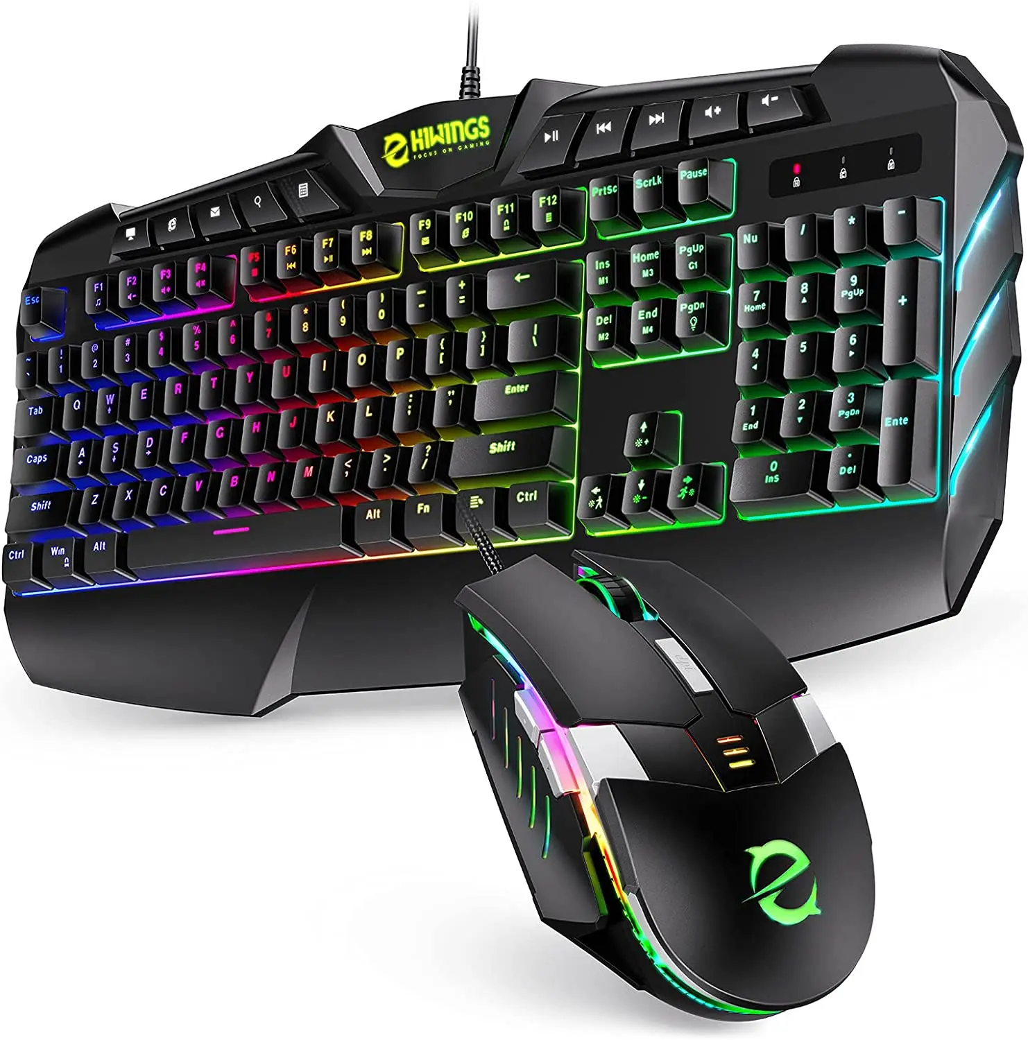 

Игровая клавиатура и мышь, Проводная игровая мышь и клавиатура Hiwings RGB с компьютерной мышью, 10 мультимедийных клавиш, упор для ладони