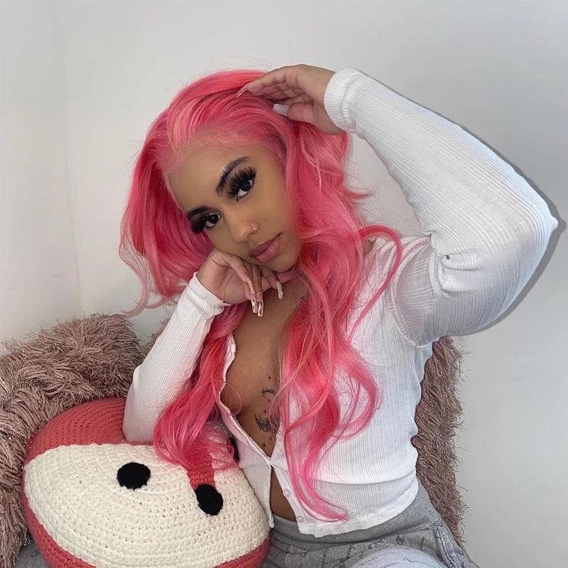 Розовый парик объемная волна цветные человеческие волосы парики для чернокожих