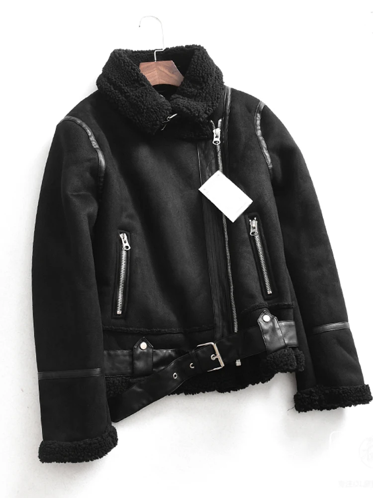 belted black Lxunyi осень зима замшевая куртка повседневное с длинным рукавом пряжкой толстые теплые на молнии Короткие овечьей шерсти замшевое пальто женские - Цвет: belted black