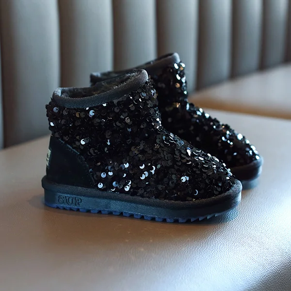 Черный CCTWINS Kids Shoes Winter Girls Fashion Sequin Snow Boots Children Black Sparkly Short Boot for Toddler Glitter Shoe SNB095 - Цвет: Черный