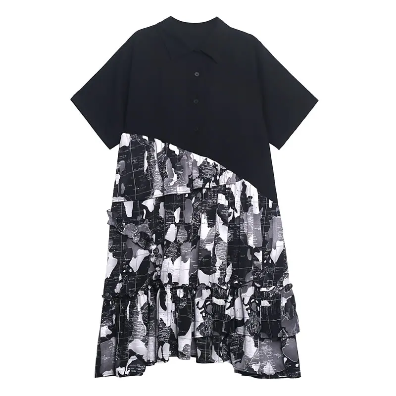 

XITAO Print Patchwork Casual Dress Women Tide Fashion New Style Polo Collar Short Sleeve Ruffles Elegant Button Pullover ZY6345