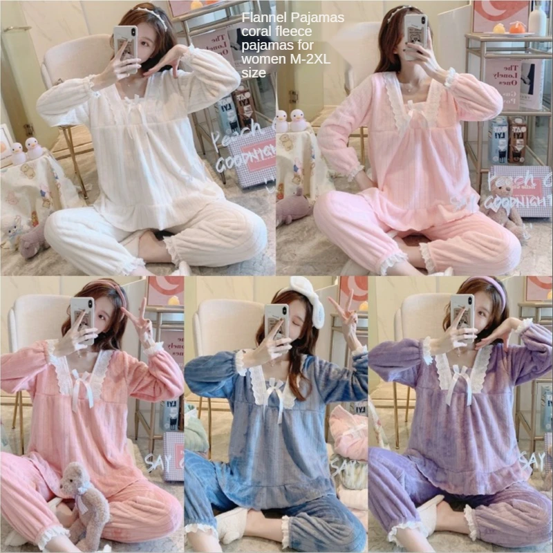 

Autumn/winter Long Sleeve Lace Coral Down Black Pajamas Set Pit Strip Thickened Home Dress Set Flannel Sleepwear Women Set
