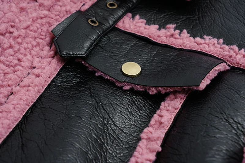 

Size Lambswool Big Pu Leather Spliced Thick Jacket New Lapel Long Sleeve Women Coat Fashion Autumn Winter 2021 1DD3783