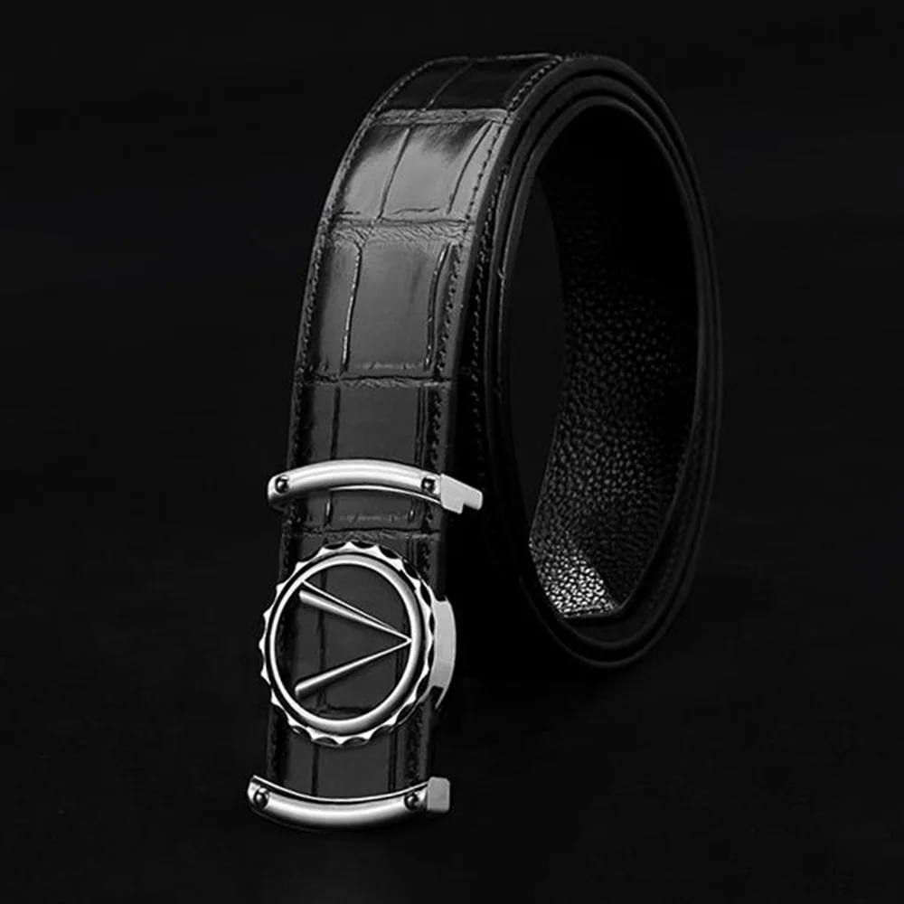 Black SliverBuckle FAJARINA, уникальный дизайн, буквы, гладкая пряжка, мужские ремни, высокое качество, крокодиловый узор, настоящая коровья кожа, кожаный ремень 3,3 см LUFJ819 - Цвет: Black SliverBuckle