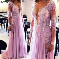pink prom dresses illusion a line women formal party long sleeves appliques vestidos de gala elegant 2022 split evening gowns
