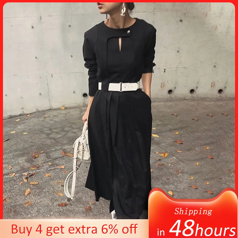 Женское офисное платье макси однотонное Повседневное с высокой талией длинным