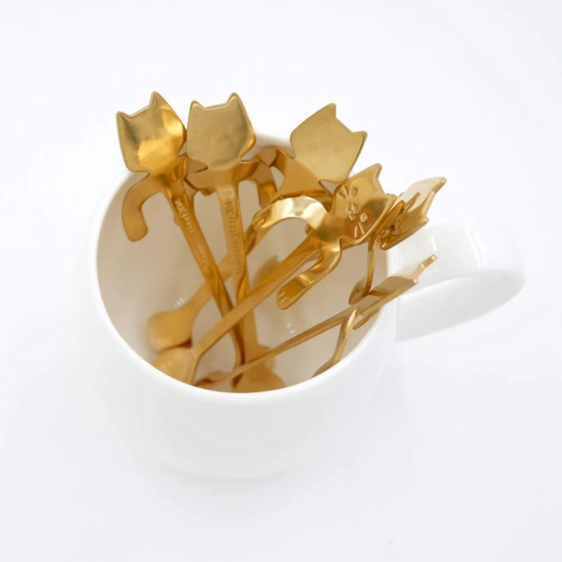 6 Pcs Mini Cat Coffee Spoon Stainless Steel Hanging Cup Teaspoons Demitasse Kitten Design Stirring Cute Utensil For T | Дом и сад