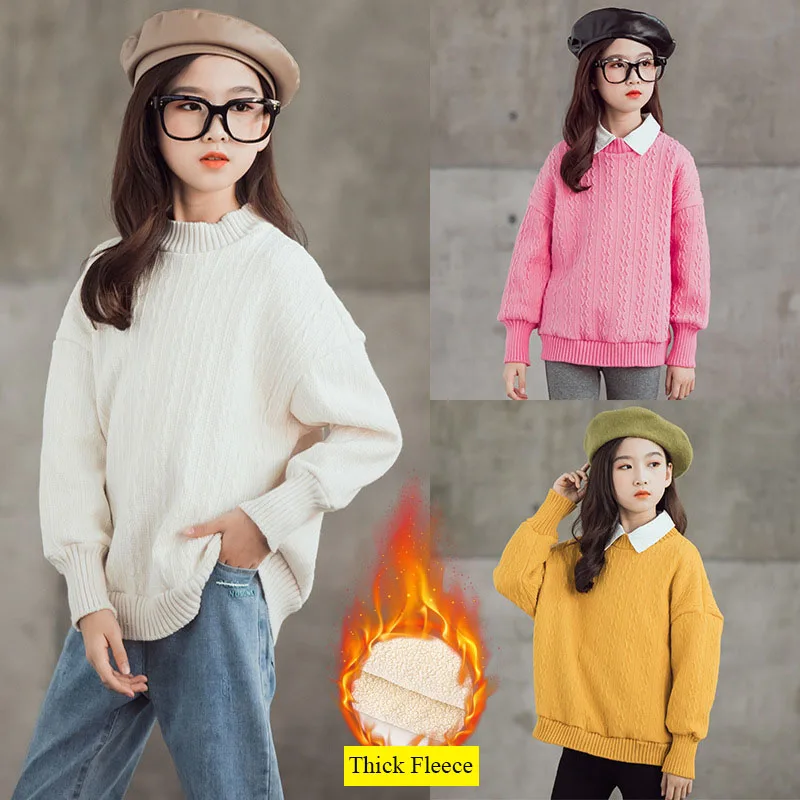 

Girls White Sweaters Winter Fleece Thicken Children's Warm Knitted Pullover Kids Clothes O-neck School Teenager Outerwear Tops