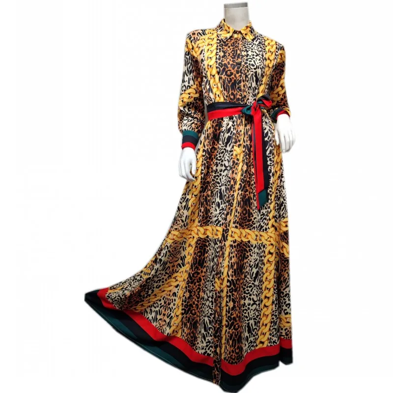 Мусульманский женский халат Дубай тонкое платье с длинным рукавом Дашики с леопардовым принтом Средний Восток свободная повседневная одеж...