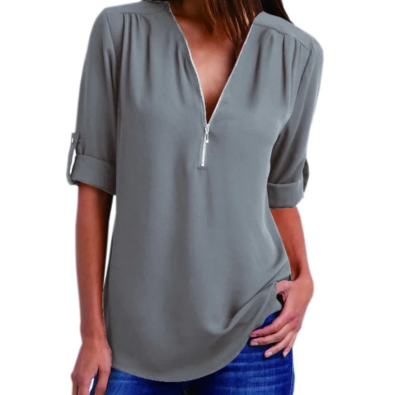 Новая женская шифоновая блузка с v образным вырезом и застежкой молнией Большой