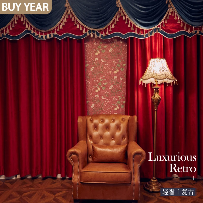 

European Style Curtains for Living Room Bedroom Luxury Villa Dutch Velvet Solid Color Curtain Head Mantle Red and Blue Stitching
