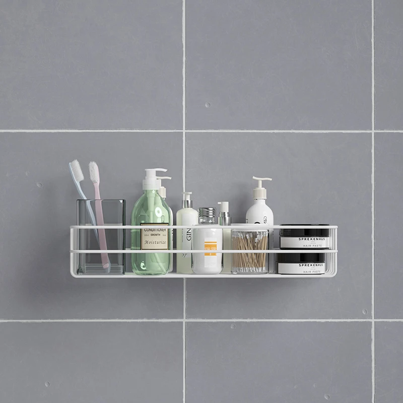 

Wall-Mounted Storage Rack Frame Shower Metal Shelf With Hooks Bathroom Punch-Free Corner Household Items Bathroom Accessories