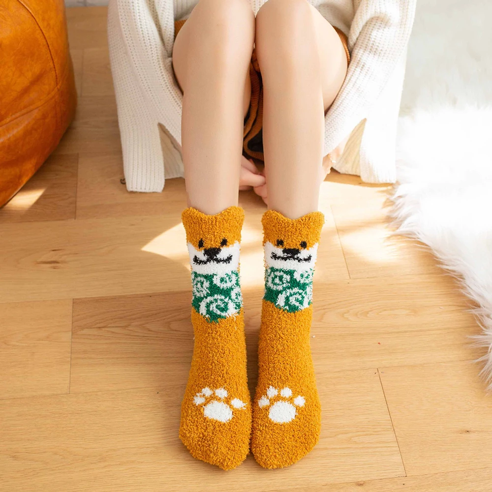 

Cute Thick Warm Fluffy Women's Floor Socks Kawaii Cartoon Cat Paw Footprint Winter Home Sleep Socks New Year 2022 Christmas Gift