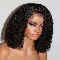 kinky curly short bob human hair 13x6 lace front wig for women 360 frontal natural black color glueless preplucked 250density
